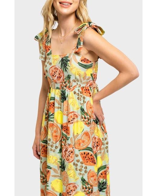 AUGUST SKY Yellow Fruit Print Tie Strap Midi Sundress