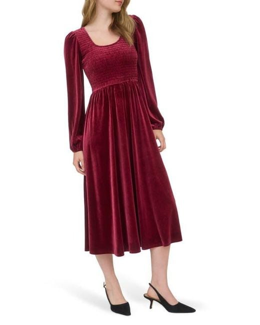 AUGUST SKY Red Long Sleeve Smocked Velvet Midi Dress