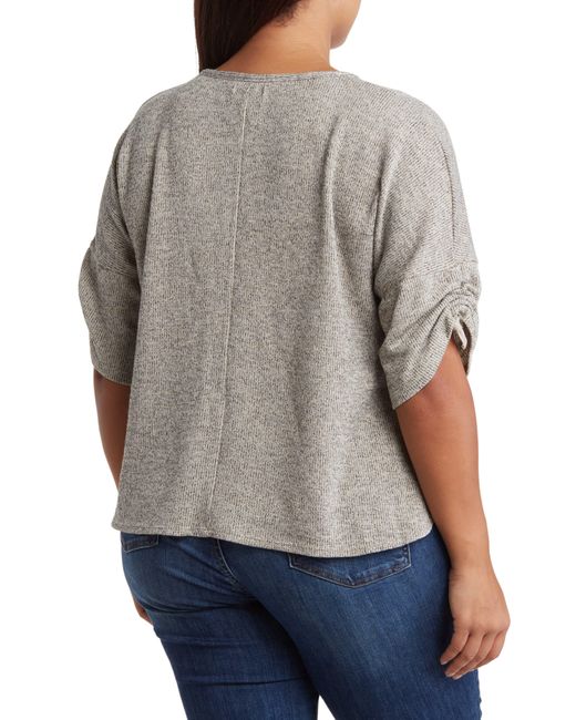 Max Studio Gray Ruched Sleeve Ribbed Top
