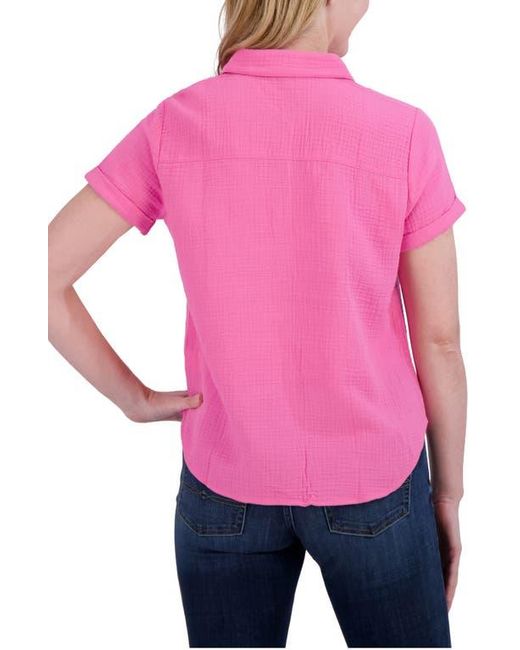 Lucky Brand Pink Short Sleeve Cotton Gauze Button-Up Shirt