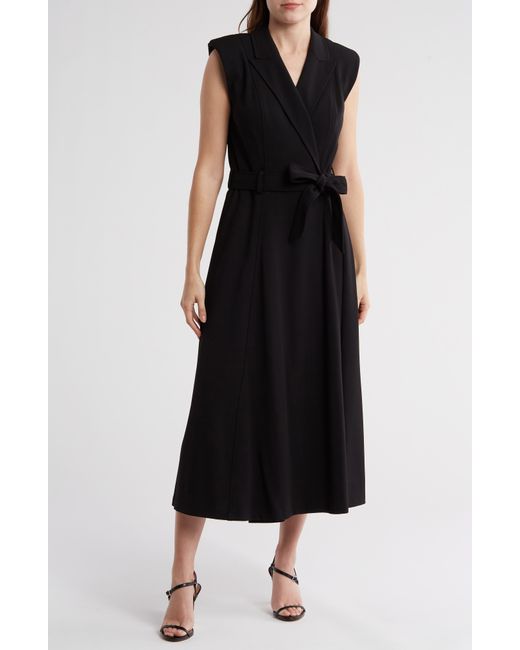 Calvin Klein Black Belted Peak Lapel Wrap Midi Dress