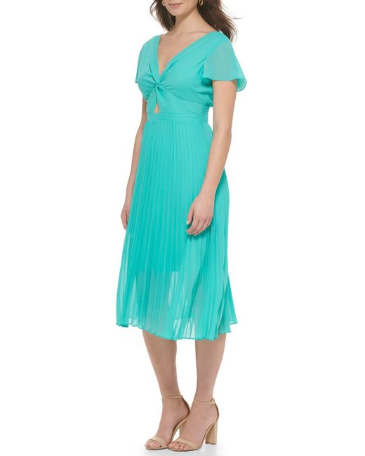 Kensie Green Pleated Chiffon Midi Dress