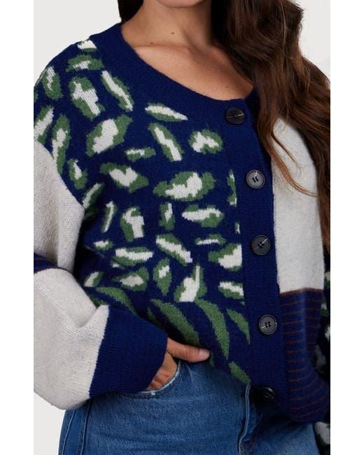 Saachi Blue Leopard Patchwork Knit Cardigan Sweater
