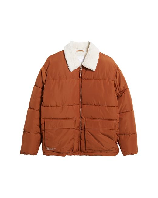 Topman Brown Puffer Jacket With Faux Shearling Collar for men