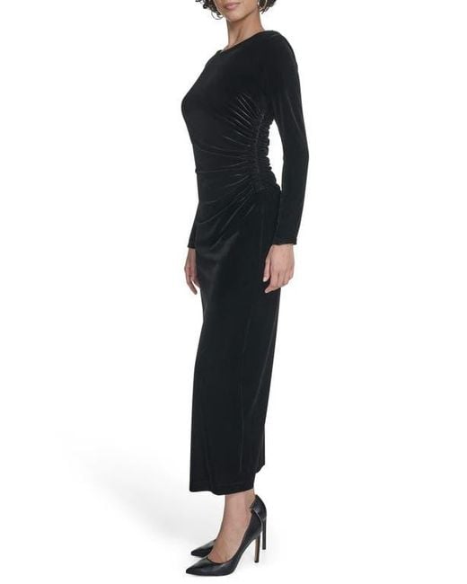 Calvin Klein Black Long Sleeve Ruched Velvet Gown
