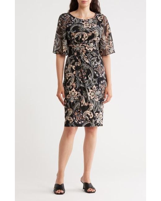 Connected Apparel Black Floral Flutter Sleeve Faux Wrap Dress