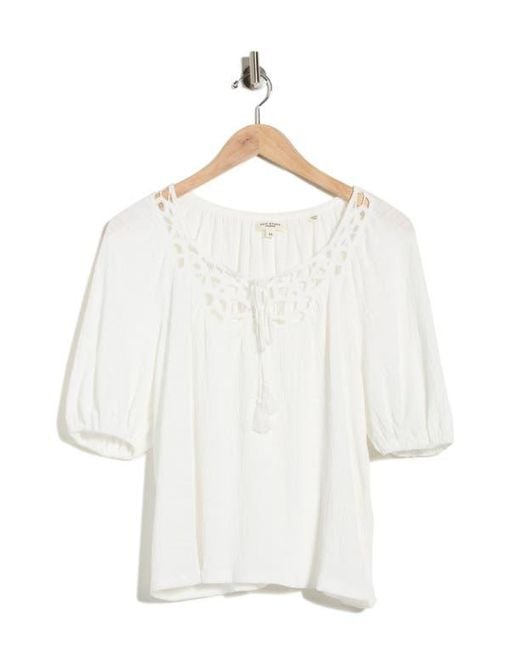 Max Studio White Split Neck Puff Sleeve Top