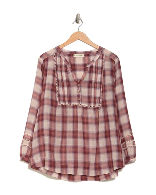 Lucky Brand Pink Plaid Long Sleeve Cotton Popover Top
