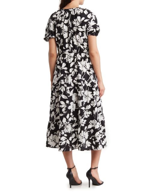 Ellen Tracy White Floral Puff Sleeve Side Tie Midi Dress
