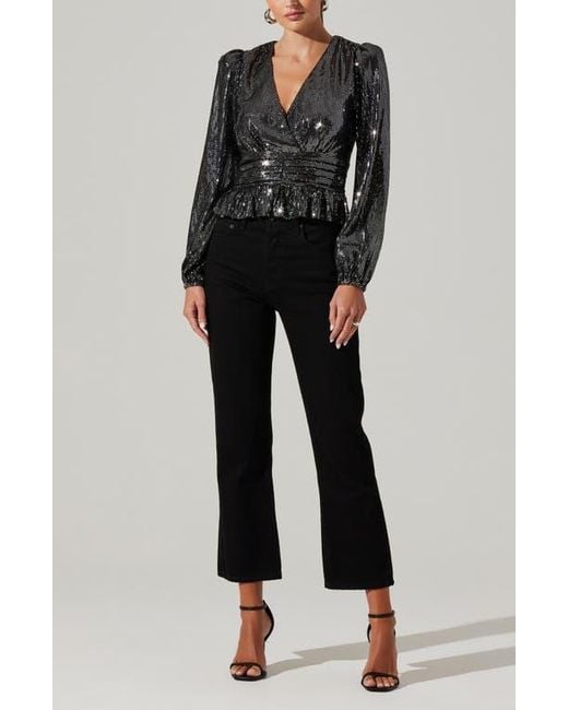 Astr Black Metallic Sequin Long Sleeve Peplum Top