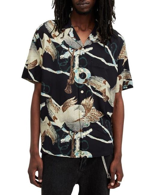 AllSaints Black Buzzard Print Camp Shirt for men