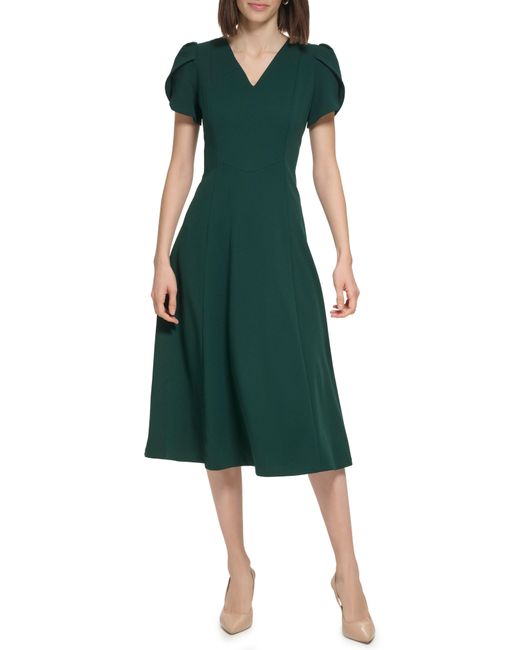 Calvin Klein Tulip Sleeve A-line Midi Dress in Green | Lyst