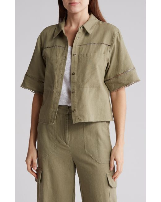 Ellen Tracy Green Linen Blend Button-up Camp Shirt