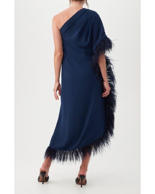 Trina Turk Blue Largo One-Shoulder Feather Trim Caftan Maxi Dress