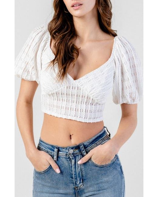 Beivy White Open Knit Puff Sleeve Crop Top