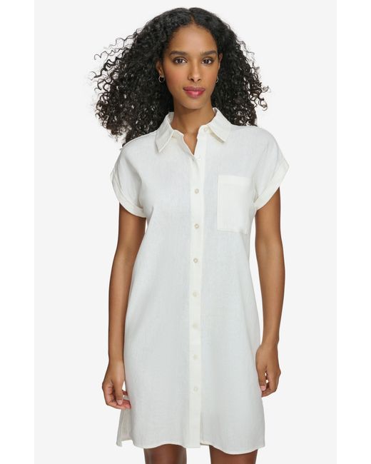 Calvin Klein White Short Sleeve Linen Blend Shirtdress