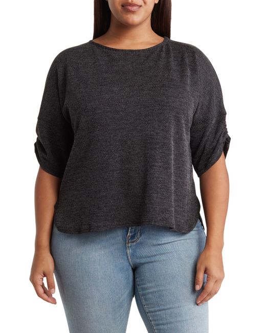 Max Studio Black Ruched Sleeve Ribbed Top