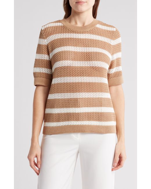 Laundry by Shelli Segal Multicolor Open Weave Stripe Short Sleeve Sweater