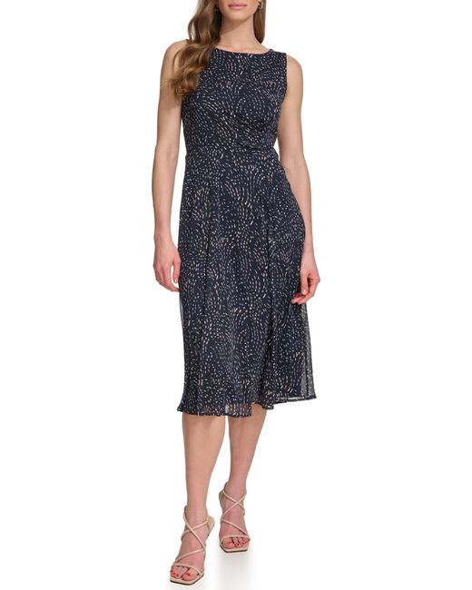 DKNY Blue Side Ruched Sleeveless Midi Dress