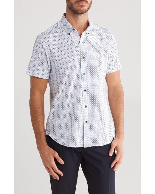 Con.struct White Geo Print Short Sleeve Stretch Performance Button-down Shirt for men