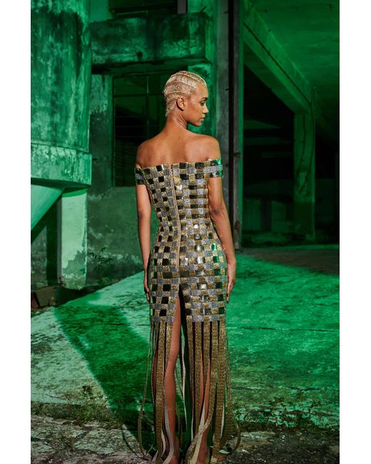 AKHL Green Gold And Silver Woven Dress