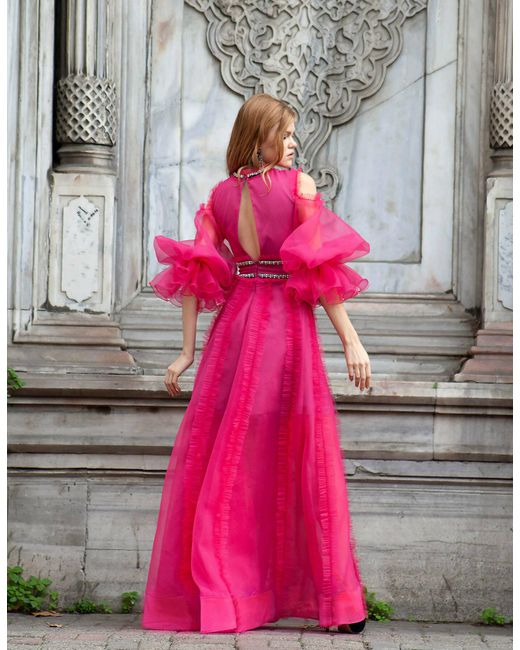 Petra Petrova Amelia Fuchsia Gown With Puffed Sleeves in Pink | Lyst