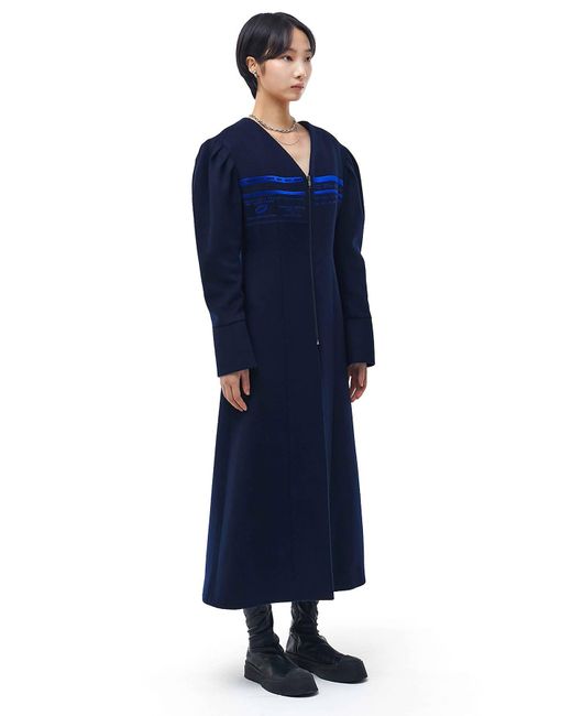KIMZISU Blue Collarless Long Wool Coat With Embroidery