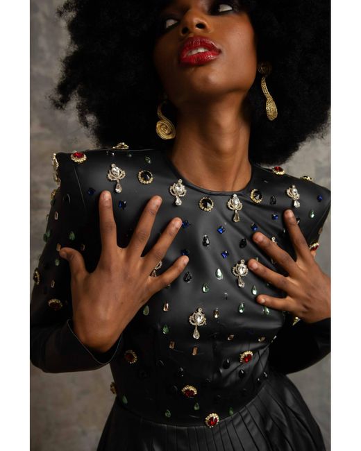 Joseph Ejiro Black Embellished Leather Pleated Dress