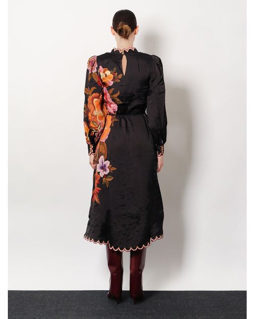 Farm Rio Black Satin Midi Dress With Floral Print