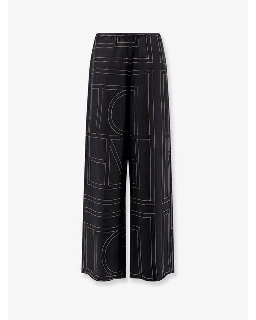 Totême  Black Silk Trousers With Monogram Logo Embroidery