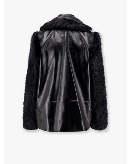 Sacai Black Leather Jacket With Synthetic Fur Inserts