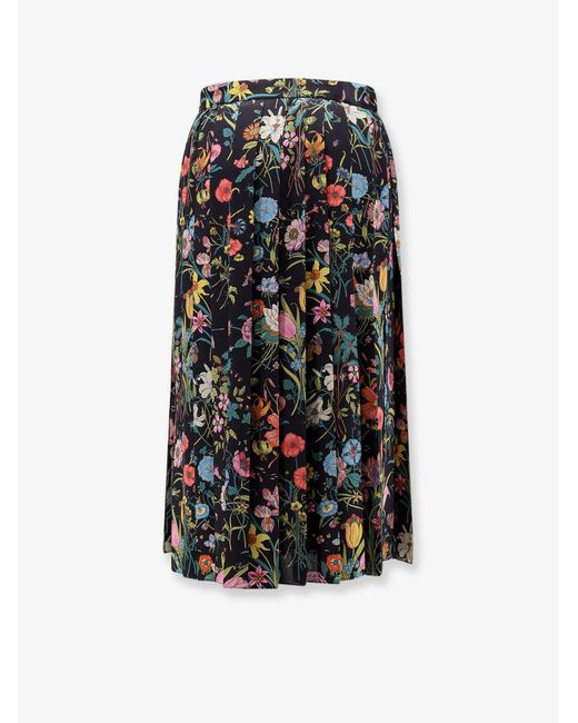 Gucci Black Silk Midi Skirt With Floral Print
