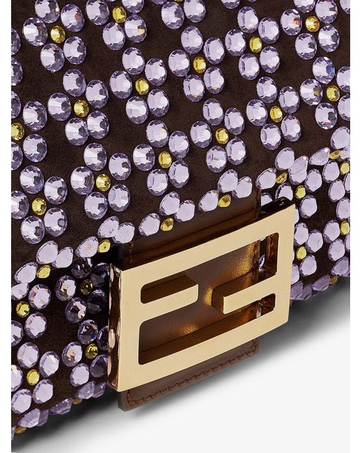 Fendi Purple Baguette Leather Crossbody Bag With Blooming Crystals Motif