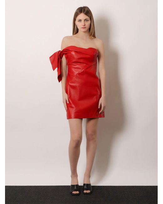 Givenchy Red Leather Bustier Dress With Bow Detail