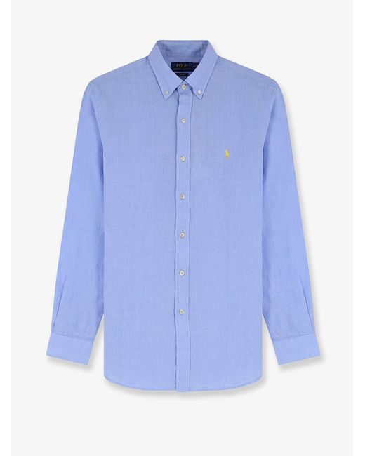Polo Ralph Lauren Blue Linen Shirt With Embroidered Logo On The Front for men