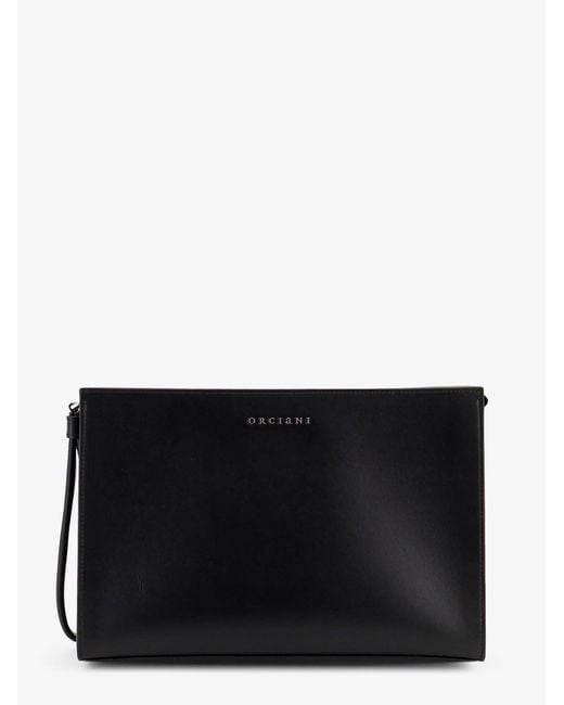 Orciani Black Leather Clutch Bag With Metal Lettering Logo for men