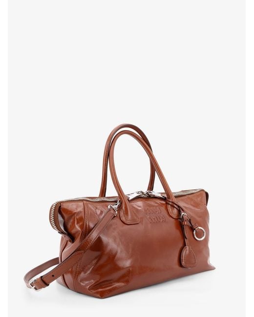 Miu Miu Brown Shiny Leather Handbag With Front Lettering Logo