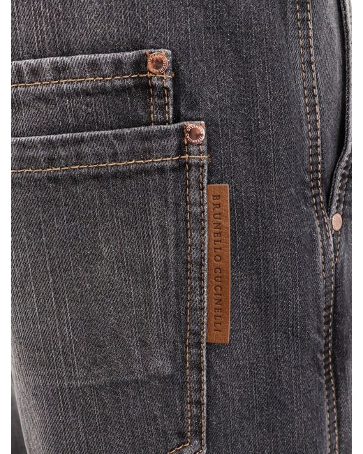 Pantalone Denim Con Etichetta Logo di Brunello Cucinelli in Gray