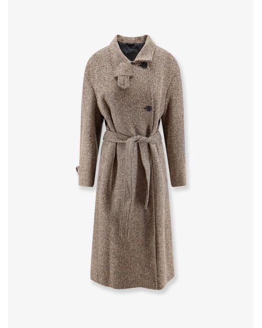Brunello Cucinelli Natural Herringbone Coat With Monili Detail