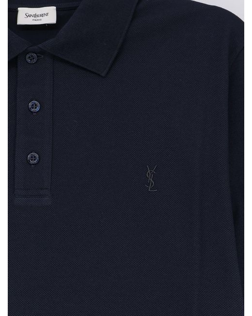 Saint Laurent Blue Piqué Cotton Polo Shirt With Cassandre Embroidery for men