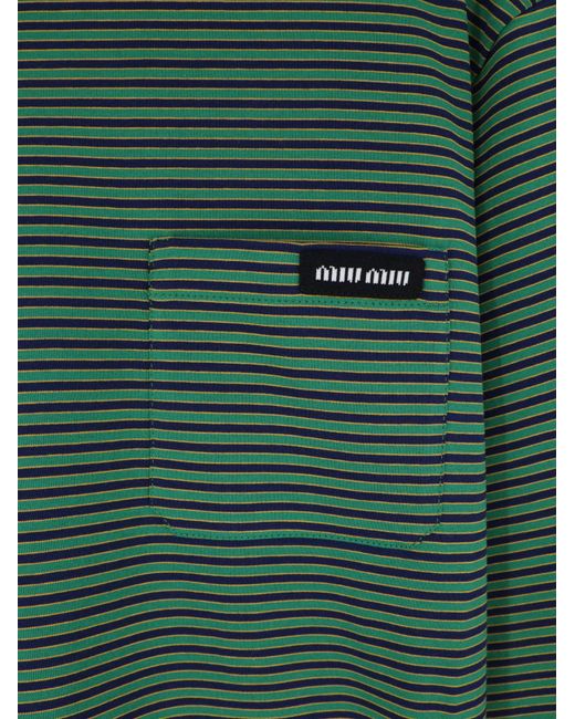Miu Miu Green Cotton T-Shirt With Striped Pattern