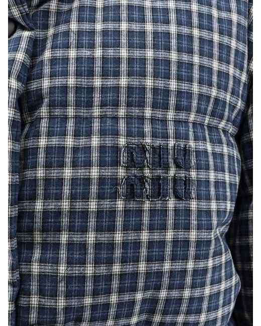 Miu Miu Blue Reversible Madras Flannel Down Jacket