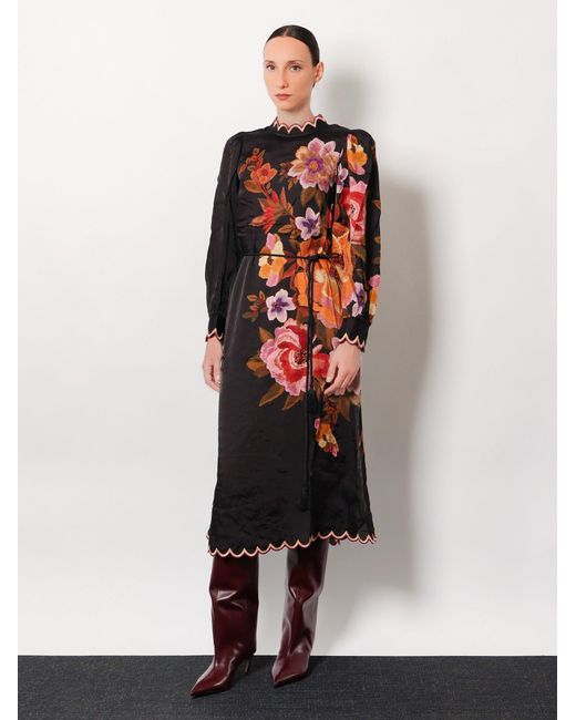 Farm Rio Black Satin Midi Dress With Floral Print