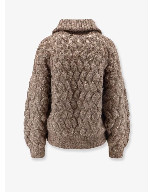 Brunello Cucinelli Brown Perforated Cardigan With Micro-Sequins