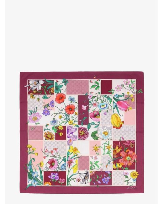 Gucci Red Mini Block Flora Silk Foulard