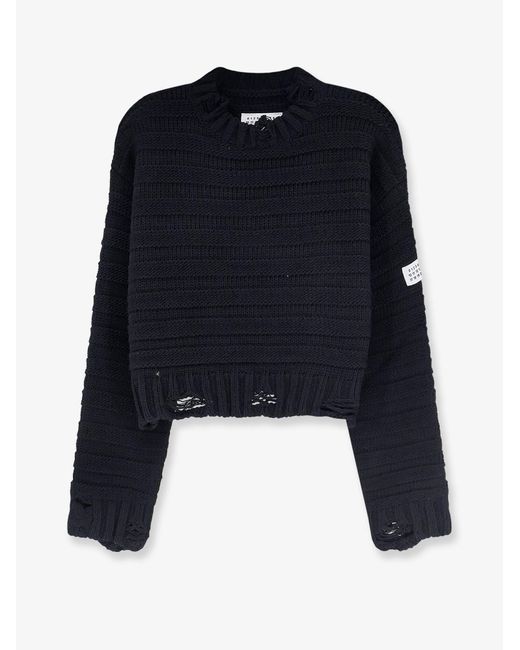 MM6 by Maison Margiela Blue Destroyed Effect Wool Blend Sweater