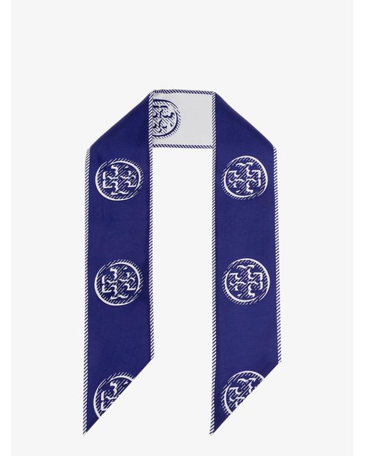 Tory Burch Blue Medallion Logo Ribbon Silk Tie