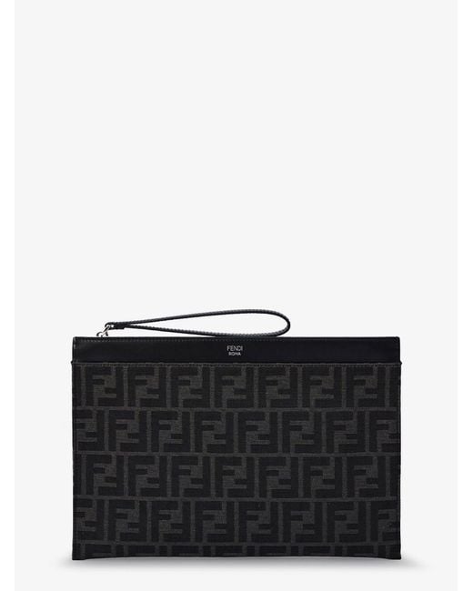 Fendi Black Ff Jacquard Fabric And Leather Flat Pouch Medium for men