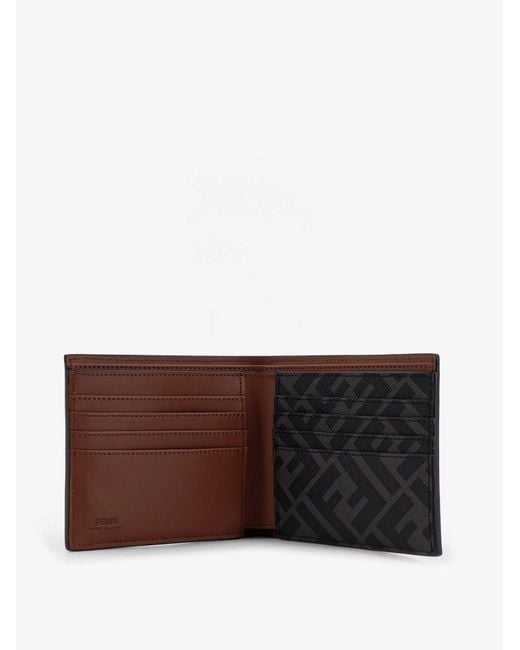 Leather And Ff Jacquard Fabric Bifold Wallet-Uomo di Fendi in Brown da Uomo