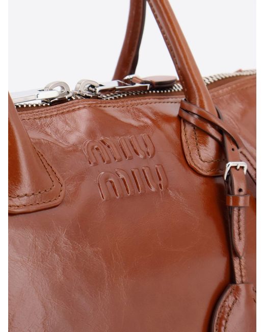 Miu Miu Brown Shiny Leather Handbag With Front Lettering Logo